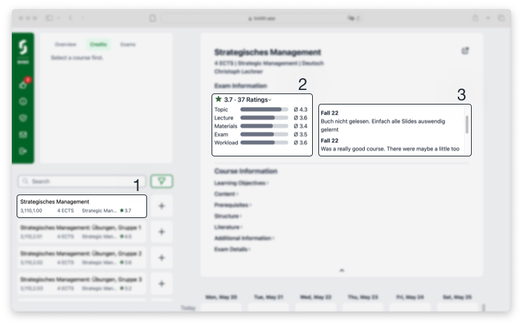 Biddit Course Ratings UI ① Average ② Average, Count & by Category ③ Comments